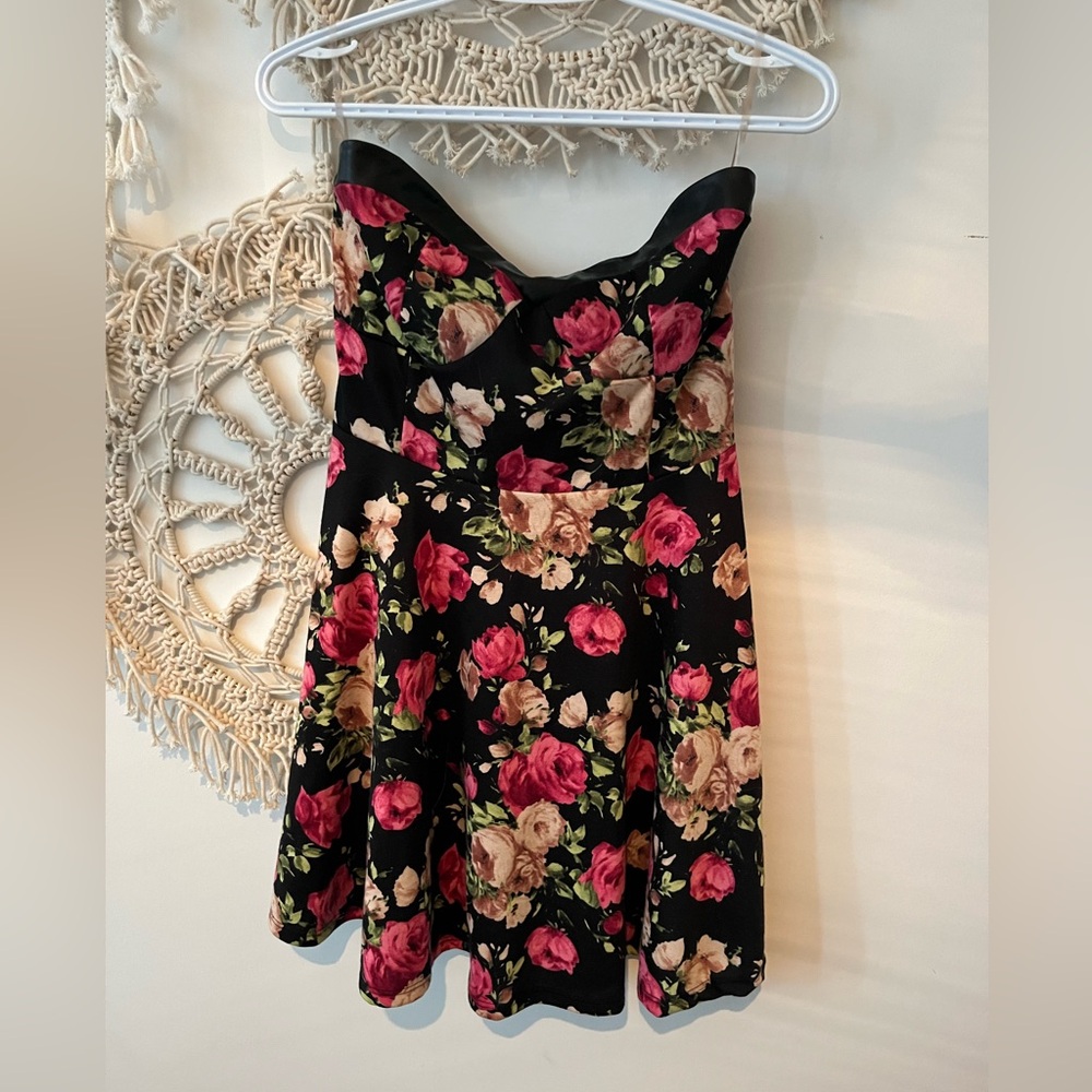 Strapless Floral Dress with Pleather Heart Neckline